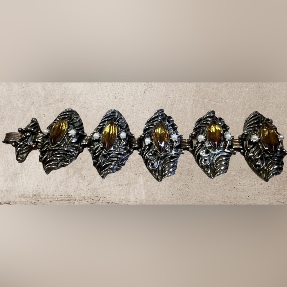 Heavy 7" Victorian Revival Unsigned Selro Bracelet With Amber Stones & Pearls - Picture 2 of 6